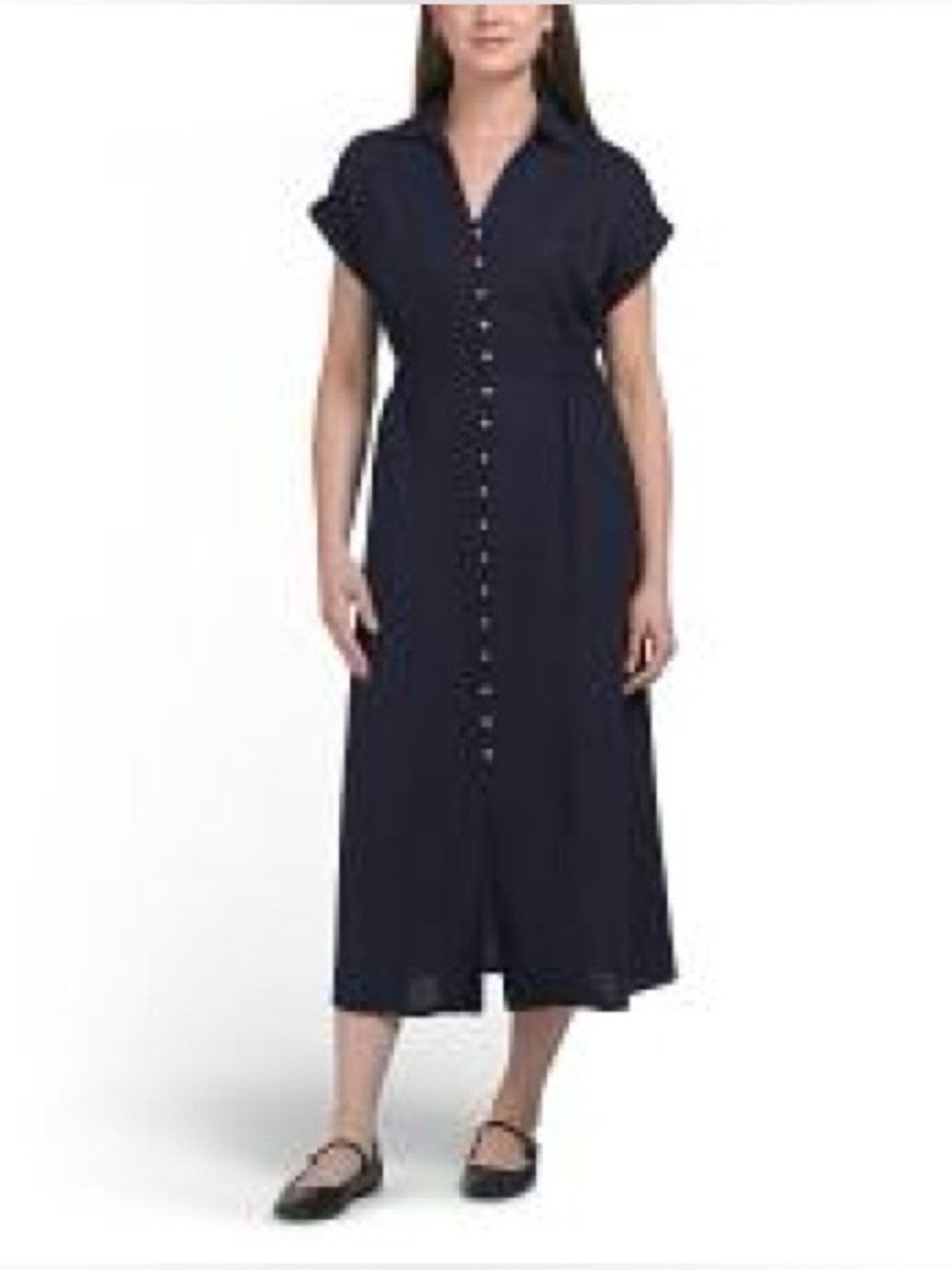 Tahari Navy Linen blend Pearl-Button Midi Shirt Dress, Size Small